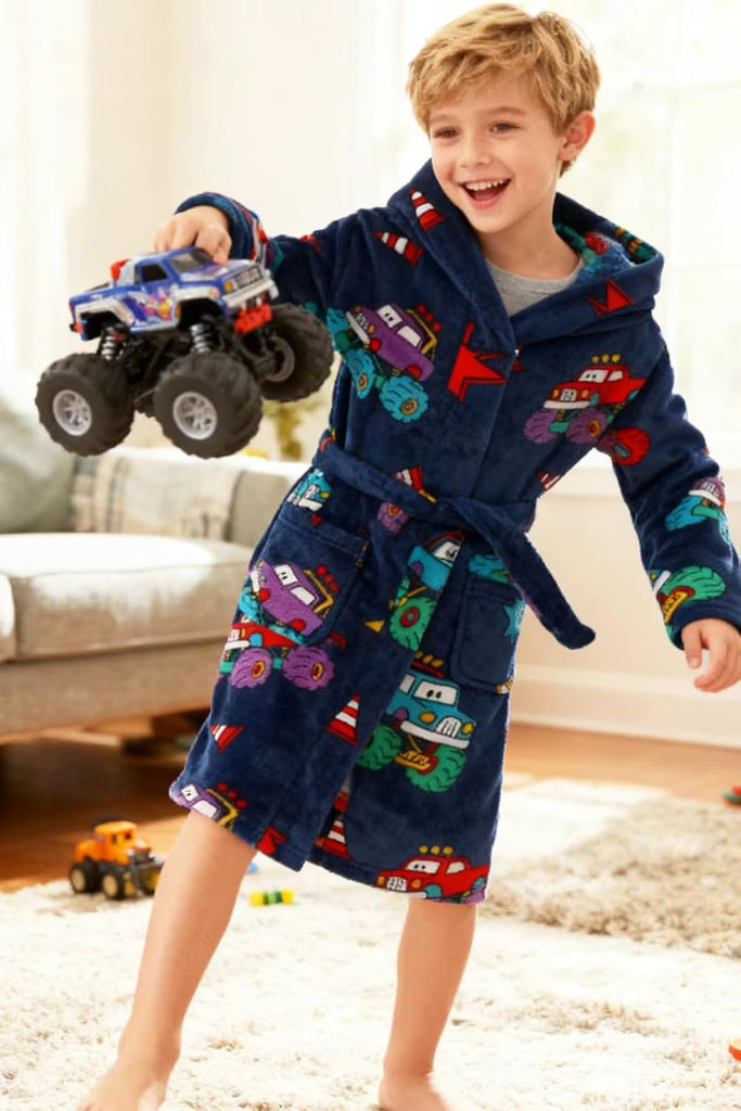 Boys Fleece Robe Sleepwear Hooded Plush Soft Bathrobe for Kids