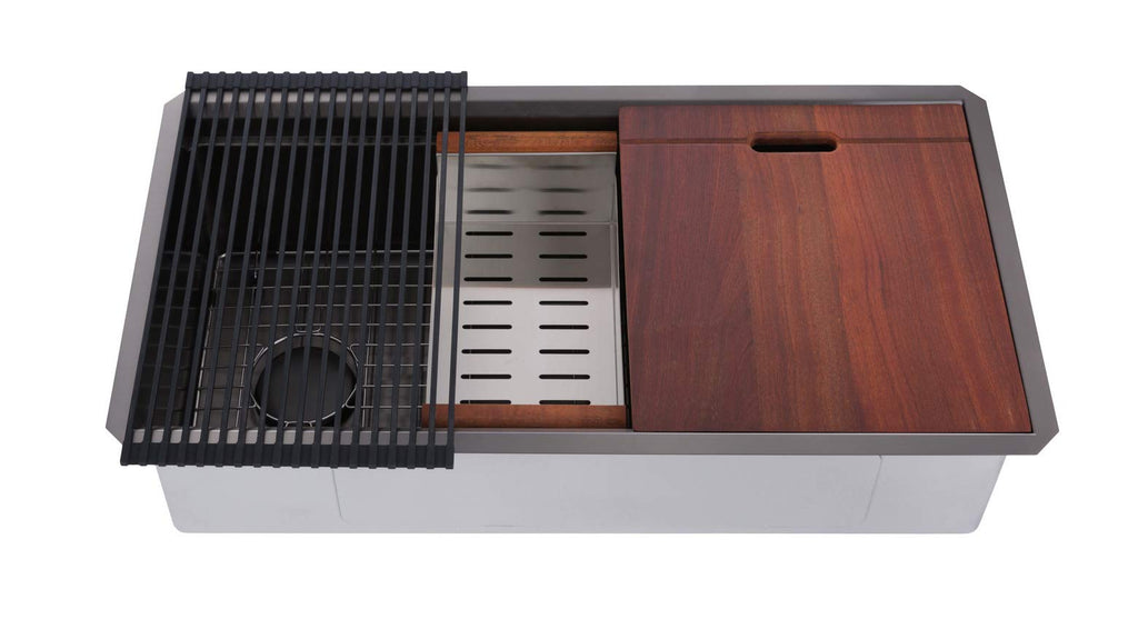 36 Inch Single Bowl Enthous Workstation Undermount 16 Gauge Nano Black Stainless Steel Kitchen Sink w/Integrated