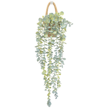 Fake Hanging Plant Decor Indoor, Eucalyptus Artificial Faux Plants in Wall Woven Planters, Jute Hanger with Black Pot