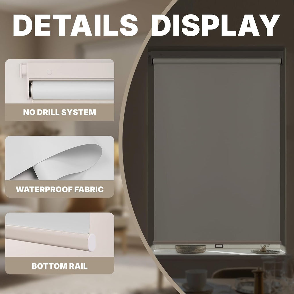 No Drill Cordless Blackout Roller Shades Screwless Waterproof Shower Window Blinds, Auto-Retraction Easy Install