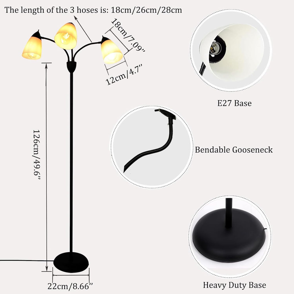 Modern Reading Floor Lamp, 3-Light Floor Lamp Black with Reading Lamp, Adjustable Flexible Tree Standing Lamp Study