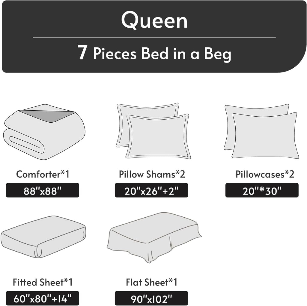 Queen Comforter Set, 7-Piece Floral Bed in a Bag, Boho Pink
