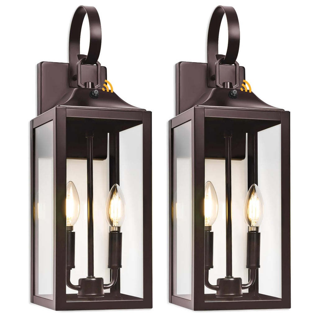 19" Dusk to Dawn Bronze Outdoor Light Fixture, Outside Wall Lantern 2-Light