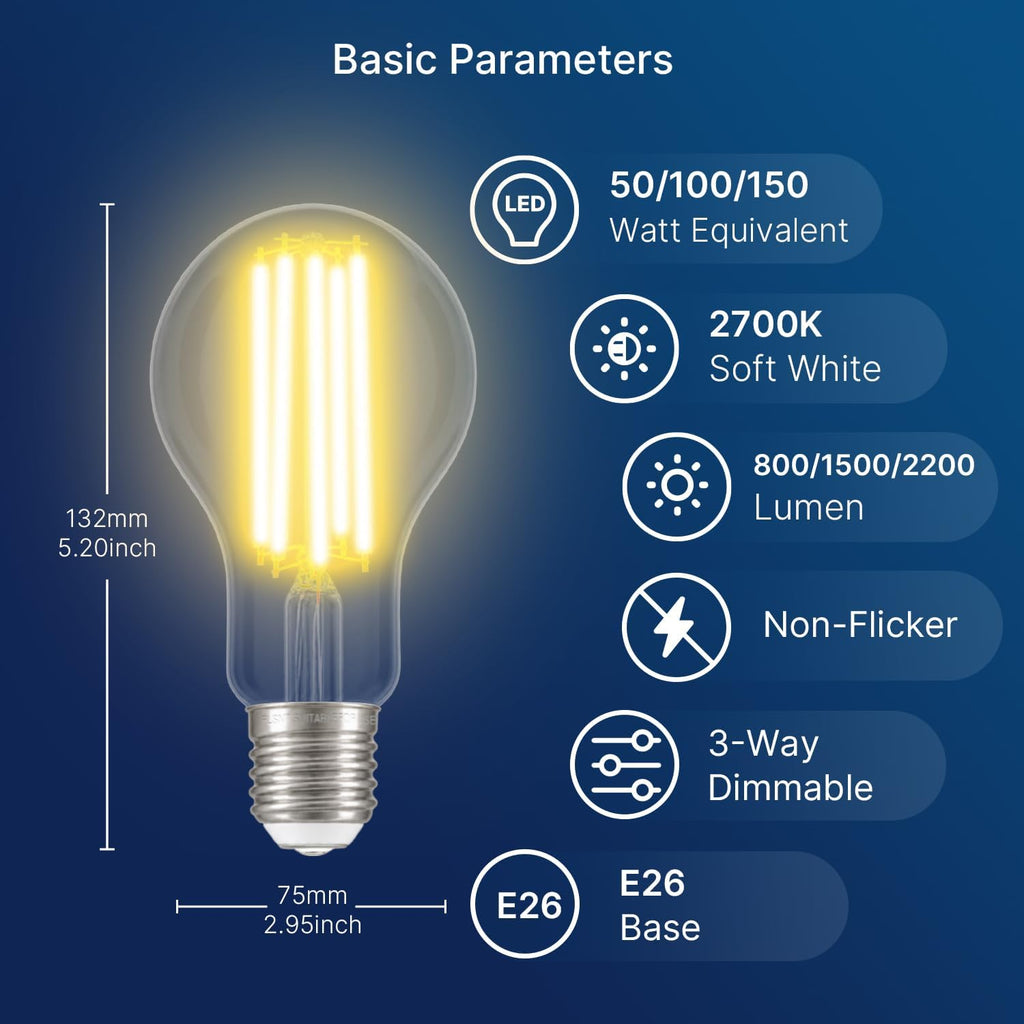 3 Way LED Light Bulb E26 Standard Base, 50W 100W 150W Equivalent, 3-Way Dimmable A23 LED Clear Light Bulbs, 2700K