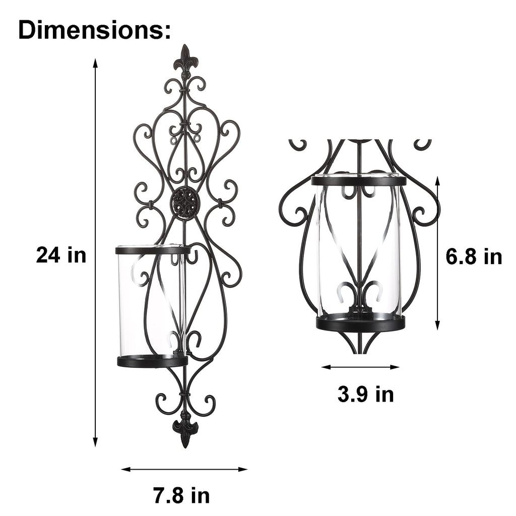 24" Hurricane Wall Sconces Set of Two, Iron & Glass Sconces for Candles