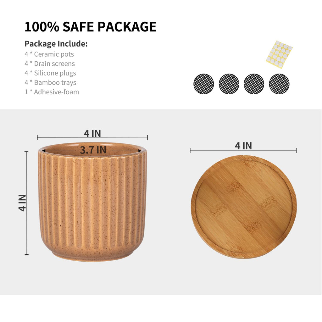 4 Inch Cylinder Ceramic Boho Plant Pots with Drainage Hole and Saucer, Glazed Vertical Pattern Multicolor Flower Pots
