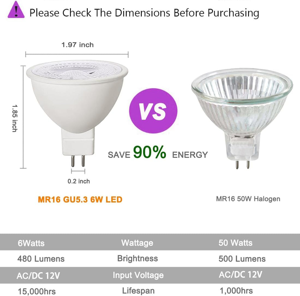 MR16 Led Bulbs 6W Replace 50W Halogen,12V Low Voltage MR16 GU5.3 Spotlights for Outdoor Landscape Track Lighting,Not
