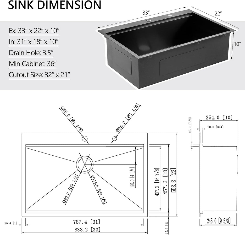 33 Black Drop in Workstation Kitchen Sink, 16 Gauge 33x22x10 Inches Black Stainless Steel Kitchen Sinks Topmount