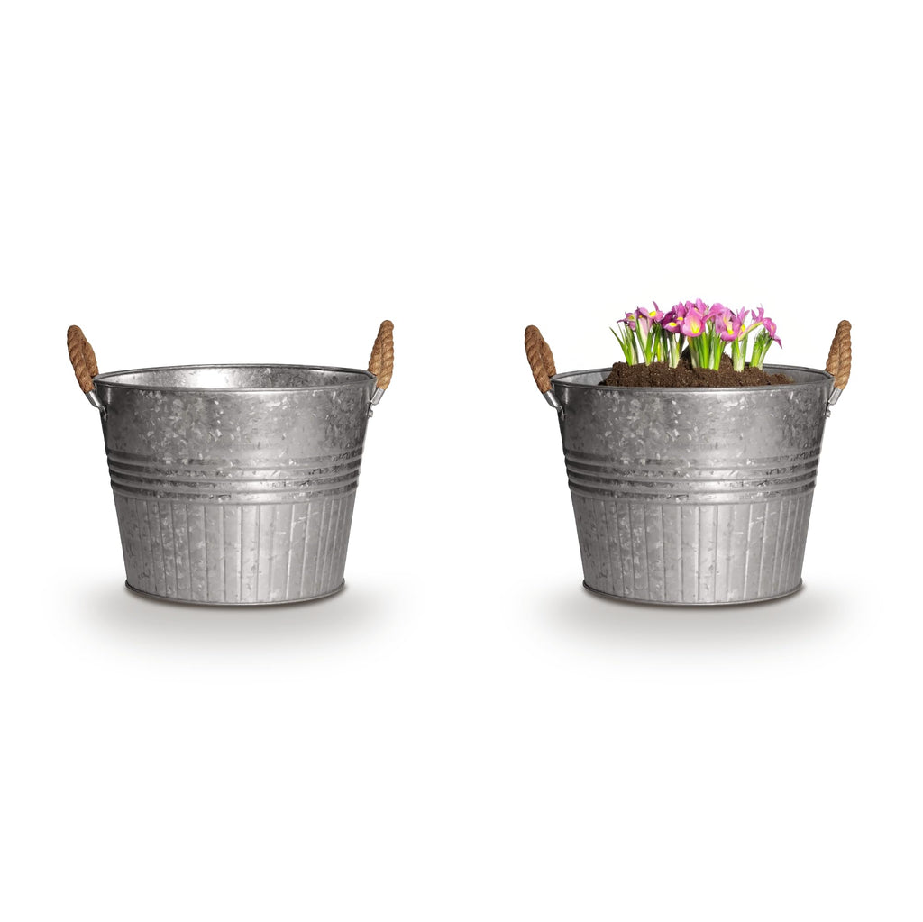 Decorative Planter - Round w/Rope Handles - 12 Inch Metal Tub Bucket Planter for Outdoor Plants w/Drainage Hole