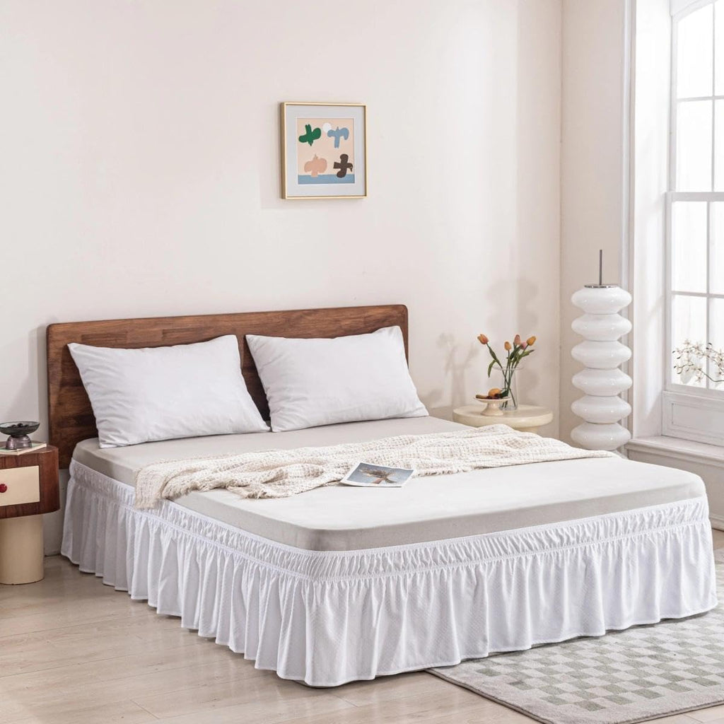 Wrap Around Bed Skirt - Queen Size Bed Skirt with 15 Inch Drop, White | Easy Fit Elastic Strap - Adjustable Pleated