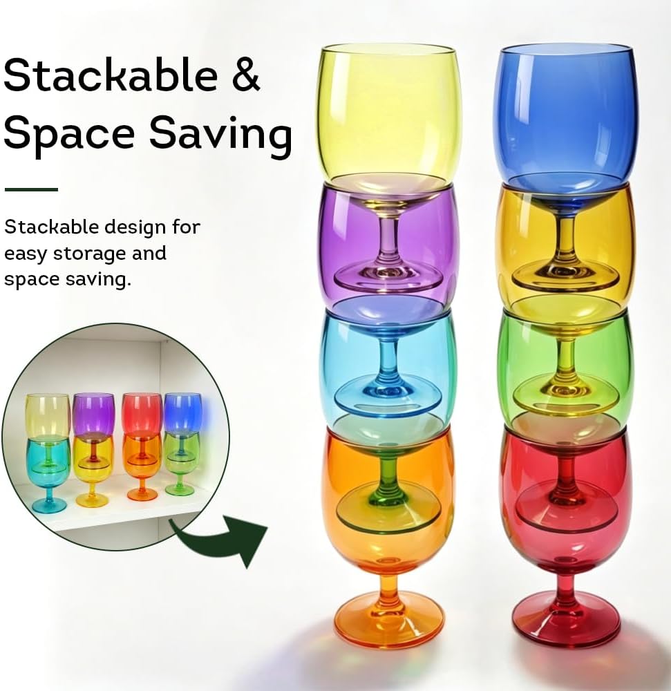 Unbreakable Plastic Wine Glasses Set of 8, 12 oz Shatterproof Stackable Tumblers, Reusable BPA Free Goblets , Picnic