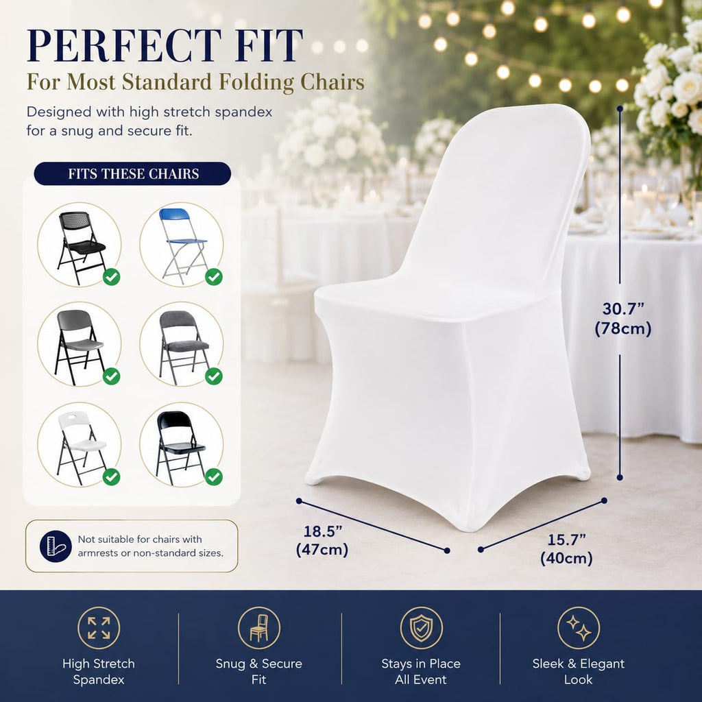 100 Pack White Spandex Folding Chair Covers, Stretch Polyester Slipcovers for Wedding, Party & Dining Chairs - Flat