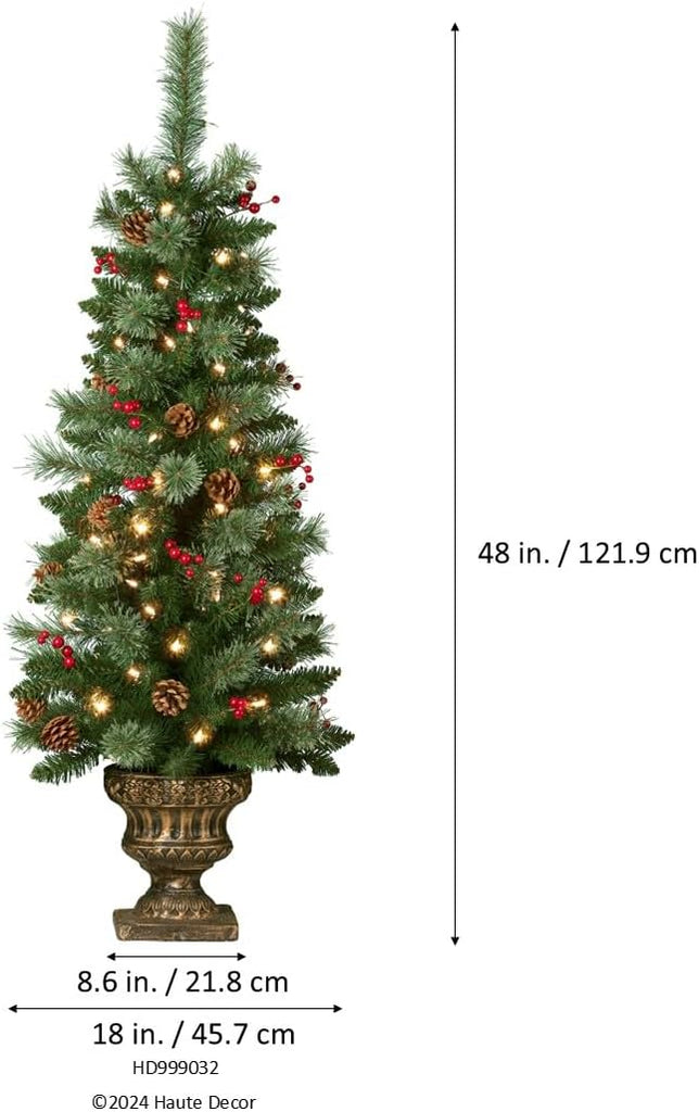 4 Foot Tall Pre-lit Carolina Potted Christmas Tree for Front Porch with 80 Soft White LED Lights on Auto Timer