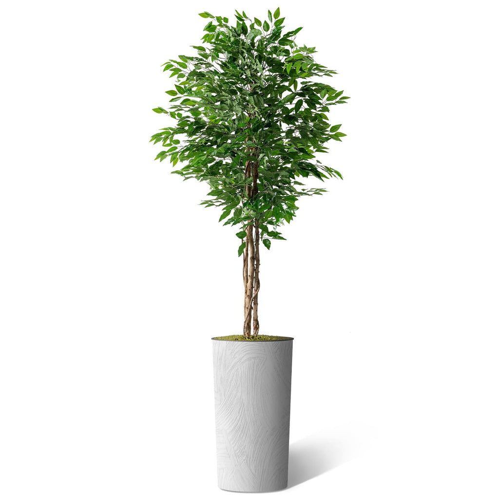 Artificial Tree in White Marble Effect Planter, Fake Ficus Silk Tree for Indoor and Outdoor Home Decoration - 75"