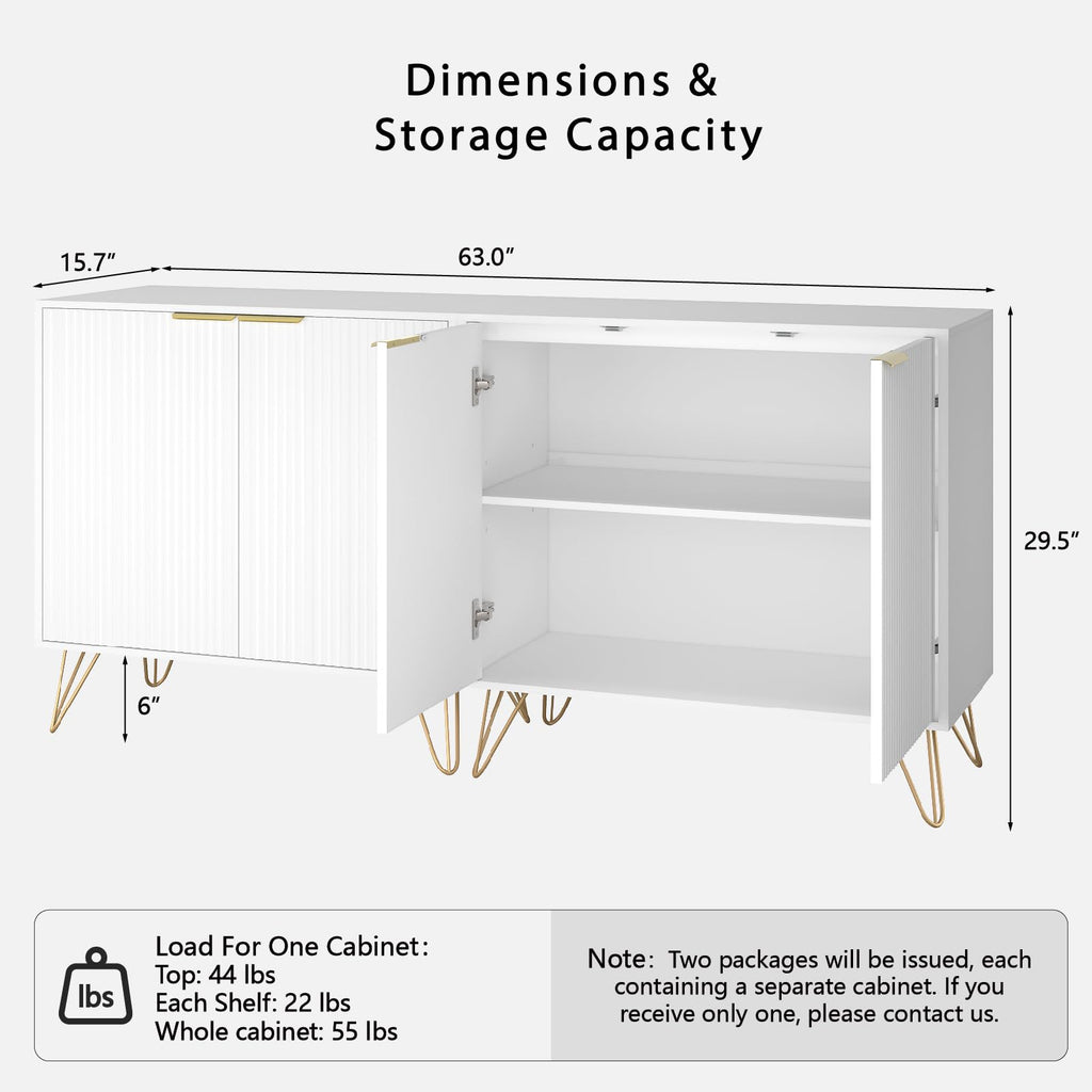 Storage Cabinet with 2 Fluted Doors and Adjustable Shelves, White, 2pcs丨Modern Wood Accent Table, Sideboard Buffet