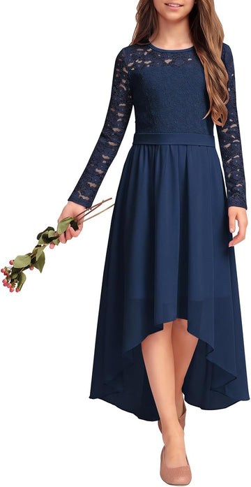 Girls Lace Chiffon High Low Flowy Dresses for Wedding Party