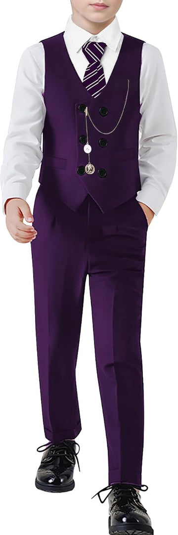 Boys Suit Formal Dress Clothes Big Boy Wedding Outfit Vest+Pants+Dress Shirt+Chain+Adjustable Tie