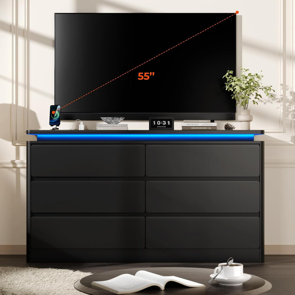 6 Drawer Dresser , 47.2" Black Chest of Drawers w/LED Lights | Double Wooden Closet Storage Cabinet with Charging