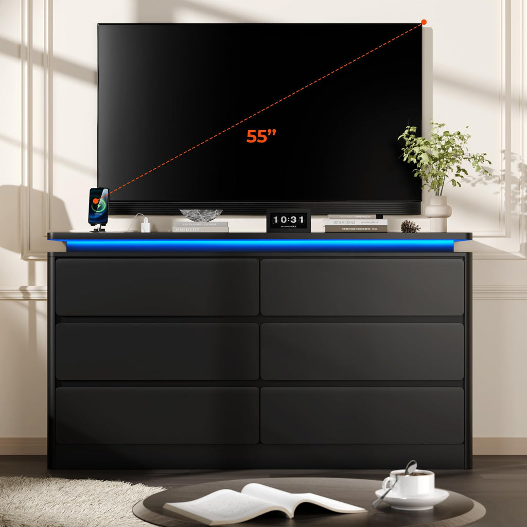 Upgraded 6 Drawer Black Dresser, 47.24" Long Chest of Drawers with Charging Station & LED Lights, Wooden Storage