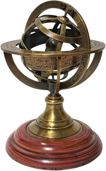 DECORATIVE BRASS ARMILLARY Sphere 5''| Vintage Zodiac Armillary Brass Sphere Globe Wooden Display | Pirate's Antique