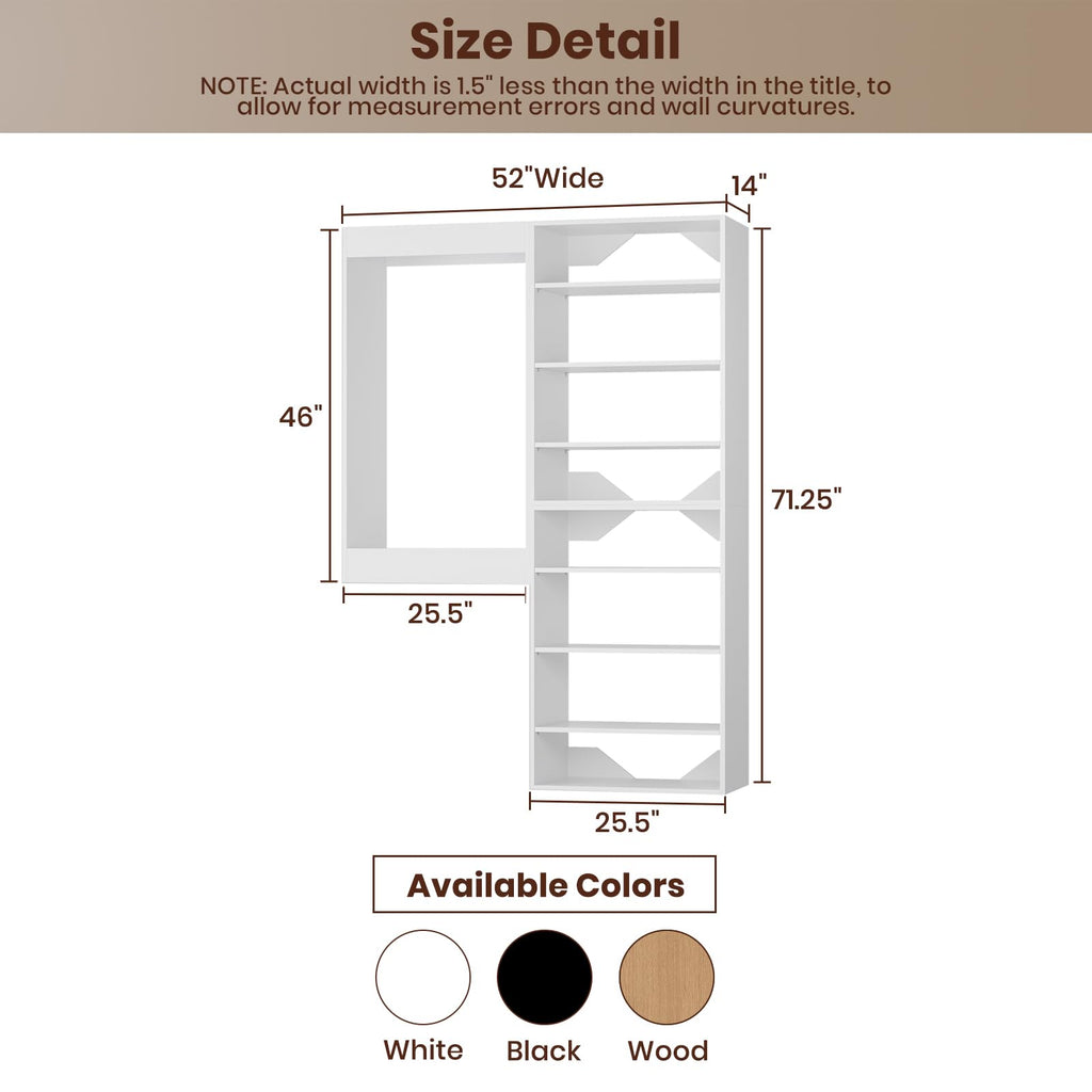 Modular Closet System, 52" Wall-Mounted Closet Organizer with Hanging Rods and Shelves, Wooden Tower for Walk-In