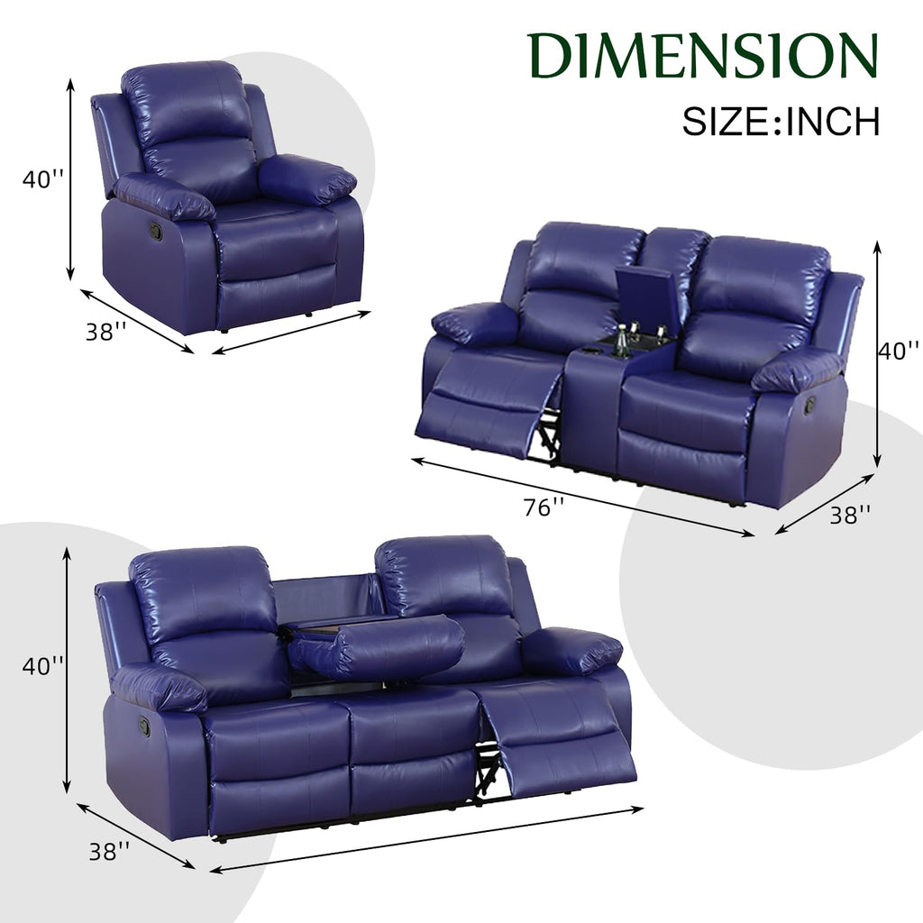 Faux Leather Recliner Sofa Set, Reclining Sofa Couch with Double Recliners, Blue Recliner Couch Set with Cup Holders