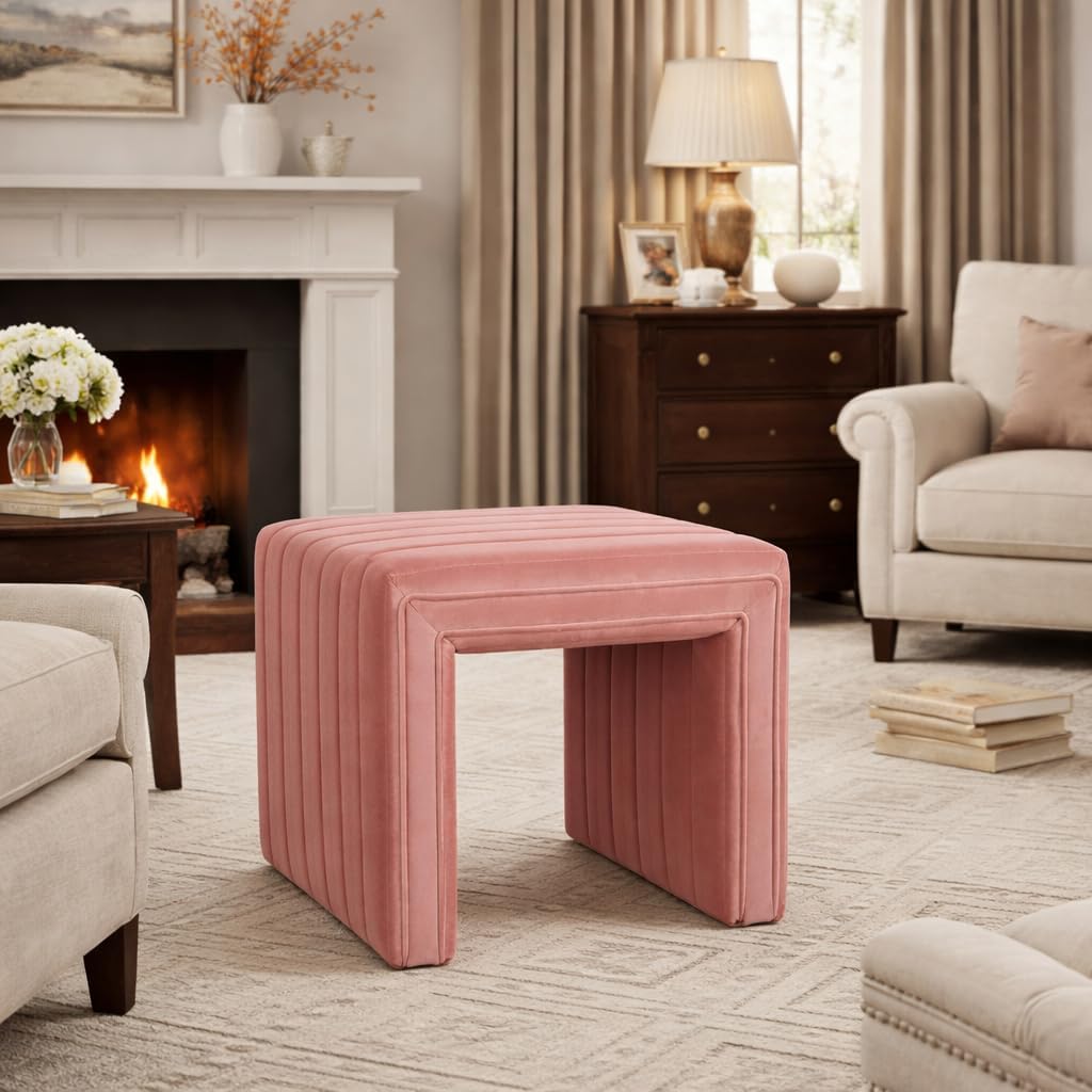 19" Modern Channel Tufted Velvet Ottoman - Blush Pink