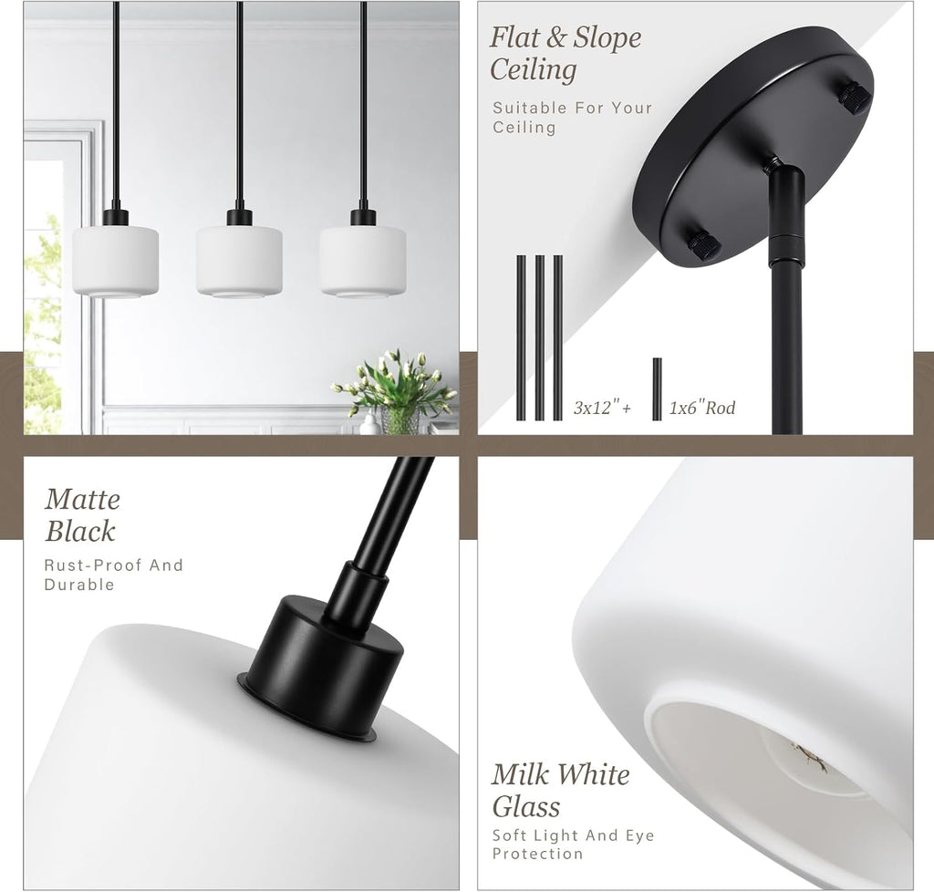 Black Pendant Lights Kitchen Island 2 Pack, Modern Milk Glass Hanging Light Fixtures with Rods, Mini Kitchen Pendant