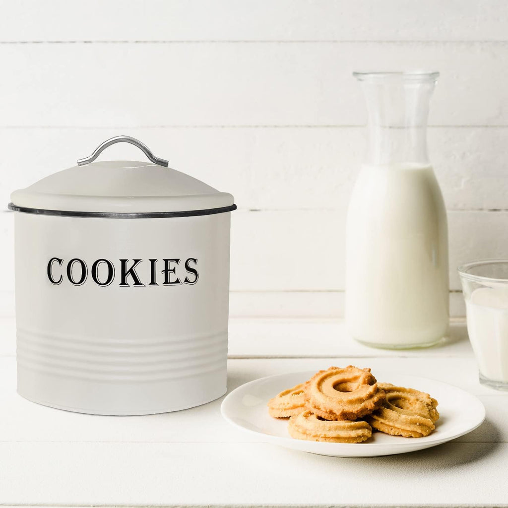 Vintage Cookie Jar - Airtight Counter Cookie Container, Ivory Tin with Lid for Gift Giving, Large Capacity