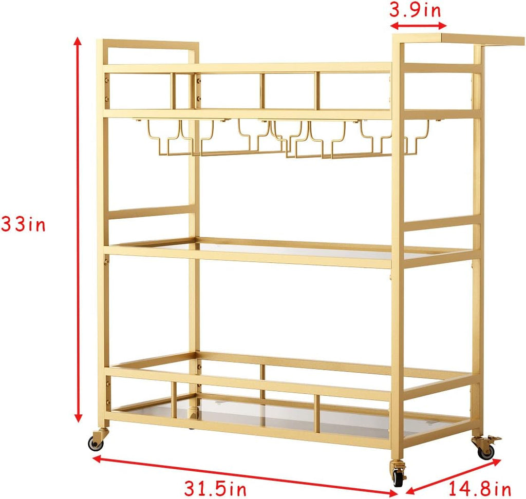 Gold Bar Carts with 3 Tier Glass Shelves, Rolling Serving Bar Cart with Wine Rack and Glass Holder, Home Bar Carts &