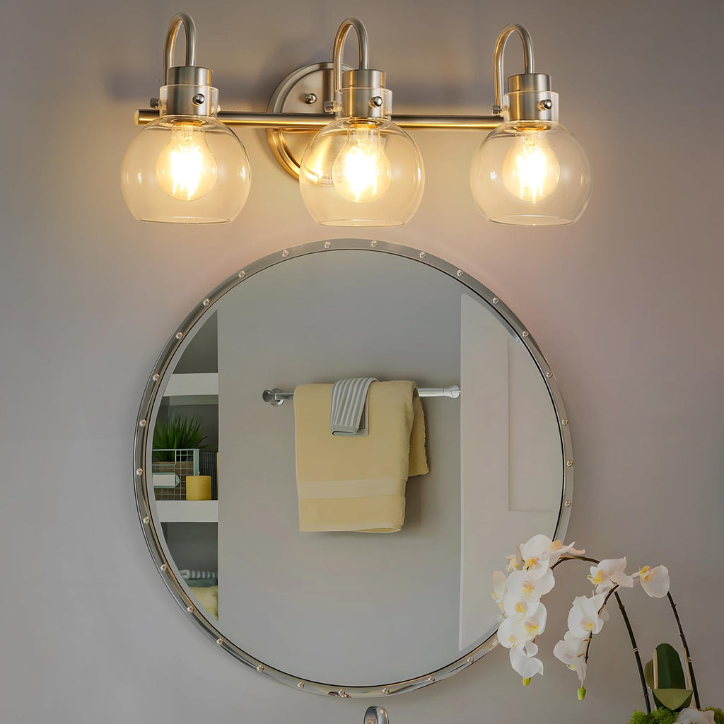 3 Lights Vanity Light, Brushed Nickel Bathroom Light Fixtures, Farmhouse Wall Sconces with Globe Clear Glass Shade
