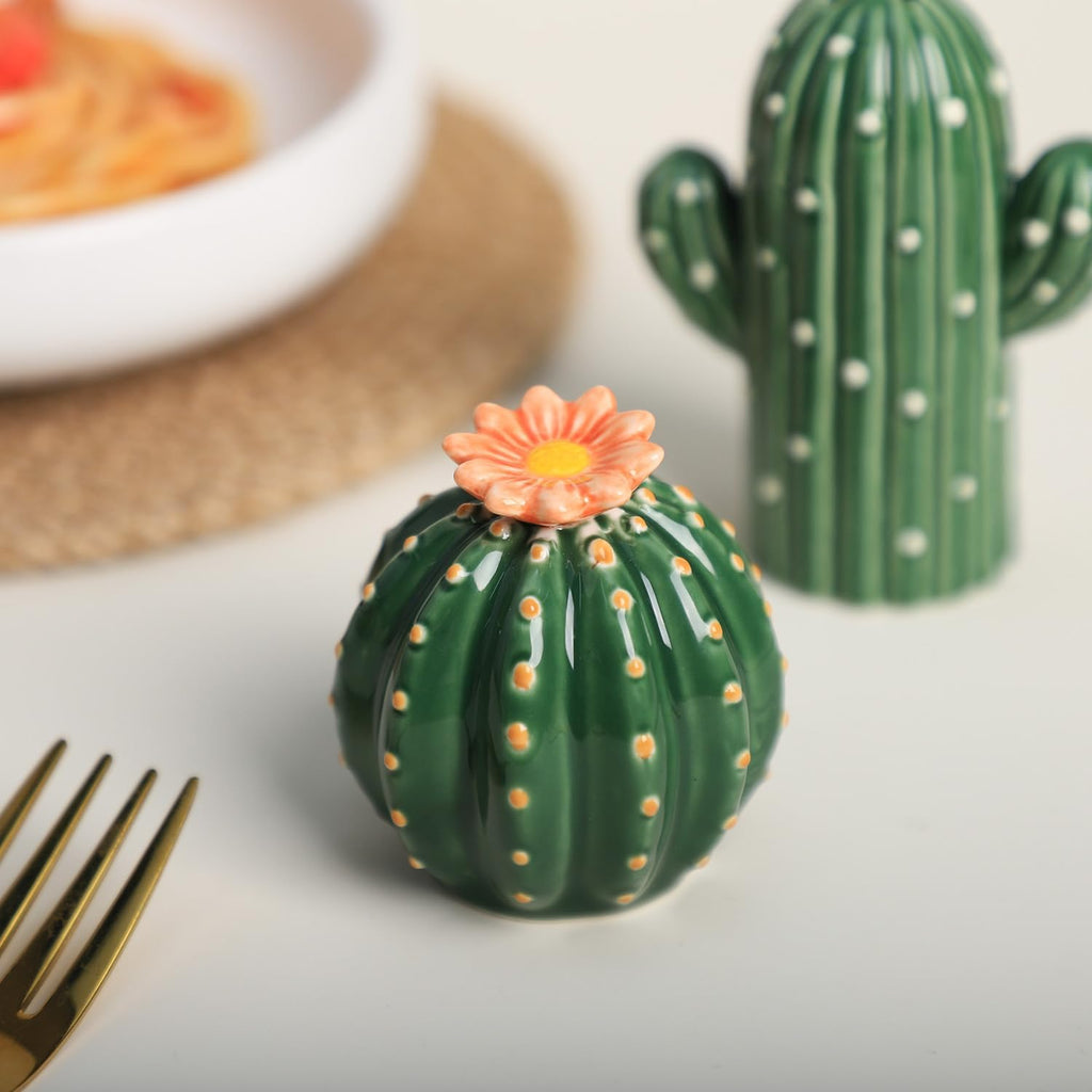 Ceramic Cactus Shape Salt & Pepper Shakers Set, Hand-Painted Cactus Salt and Pepper Shakers, Set - Set of 2