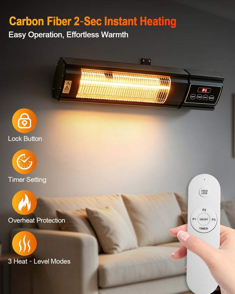 Patio Heater for Outdoor Use 1500W, IP65 Approved, Infrared Electric Wall-Mounted Patio Heater, 3 Levels Heating for