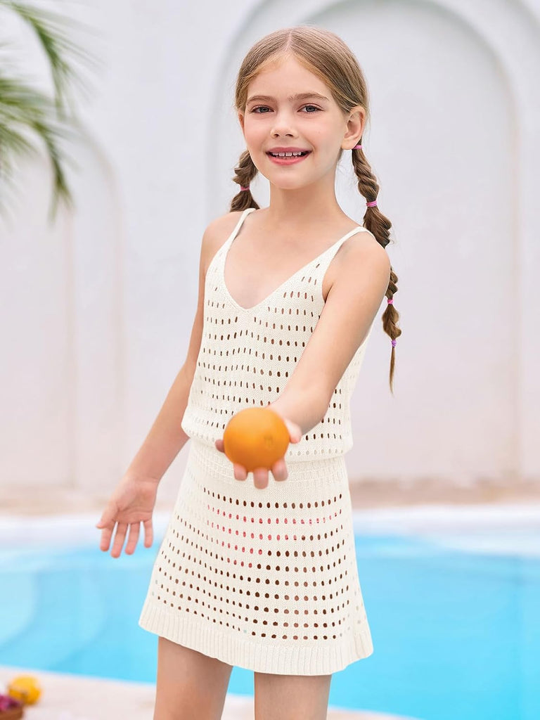 Girls Sleeveless Crochet Swimsuit Cover Up Kids Summer Hollow Out Knitted Beach Dress