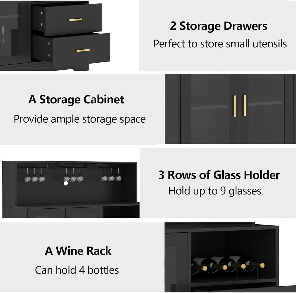 Bar Cabinet with LED Light,Coffee Bar Cabinet w/ Wine & Glass Rack | Wine Cabinets with Drawers & Microwave Stand