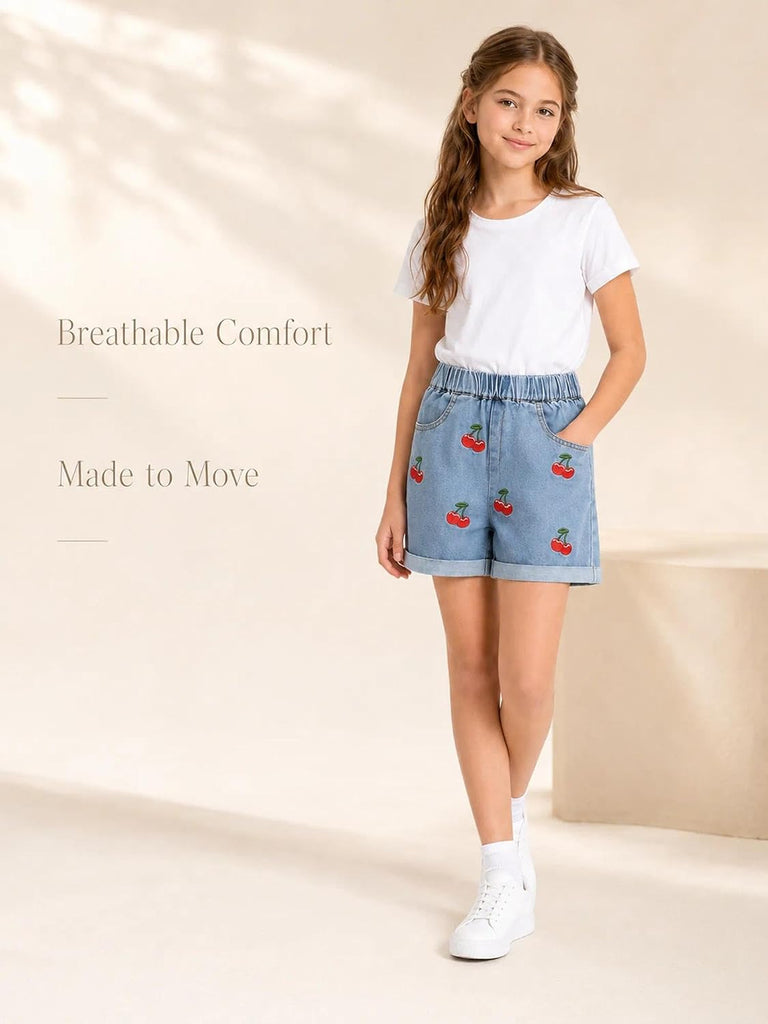 Girls Denim Shorts Embroidered Patterns Elastic Waist Cuffed Jean Shorts