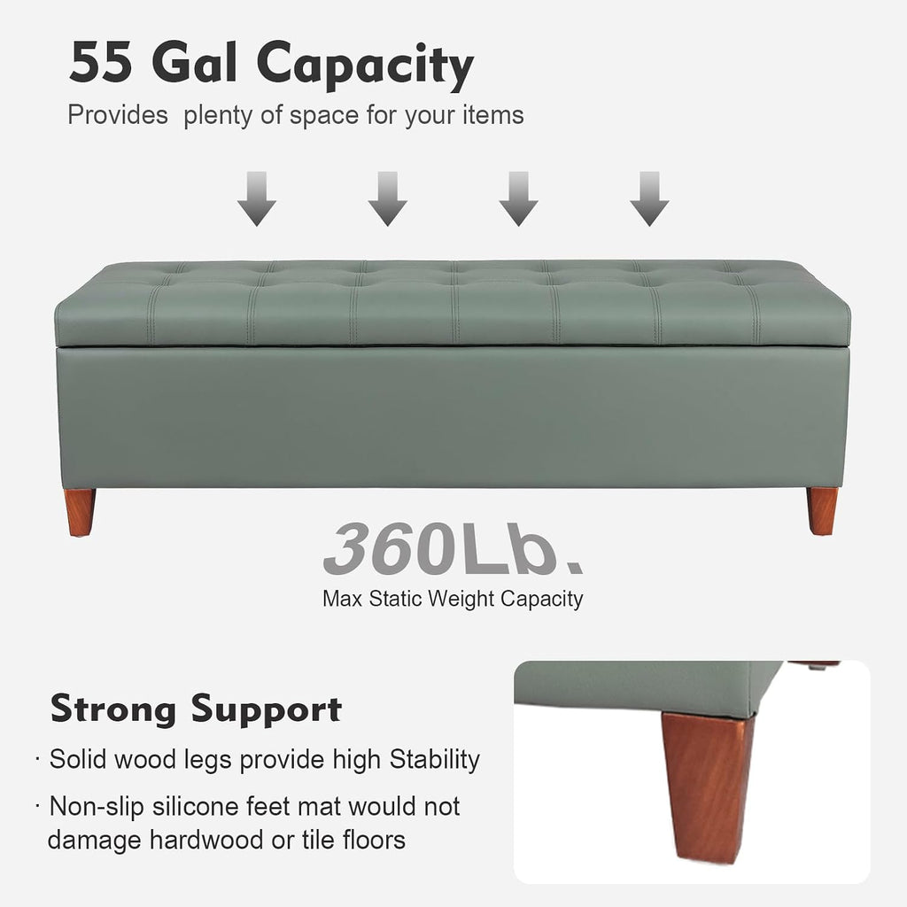 Ottoman with Storage, 51 Inch End of Bed Storage Bench, Faux Leather Upholstered Ottomans with Hinged Lid, Rectangle