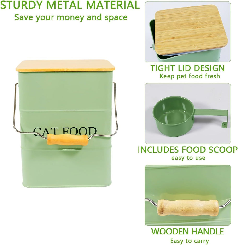 Cat food storage container storage bin with wooden lid scoop included green metal cat food container countertop