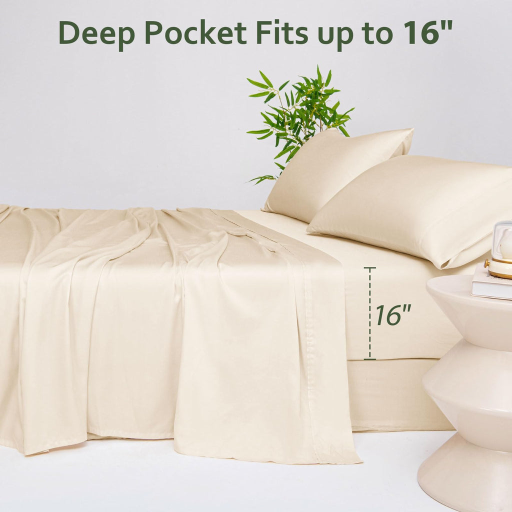 100% Viscose Derived from Bamboo King Sheet Set Beige, 4 Pieces Soft Cooling Bedding with Deep Pocket UP to 16"