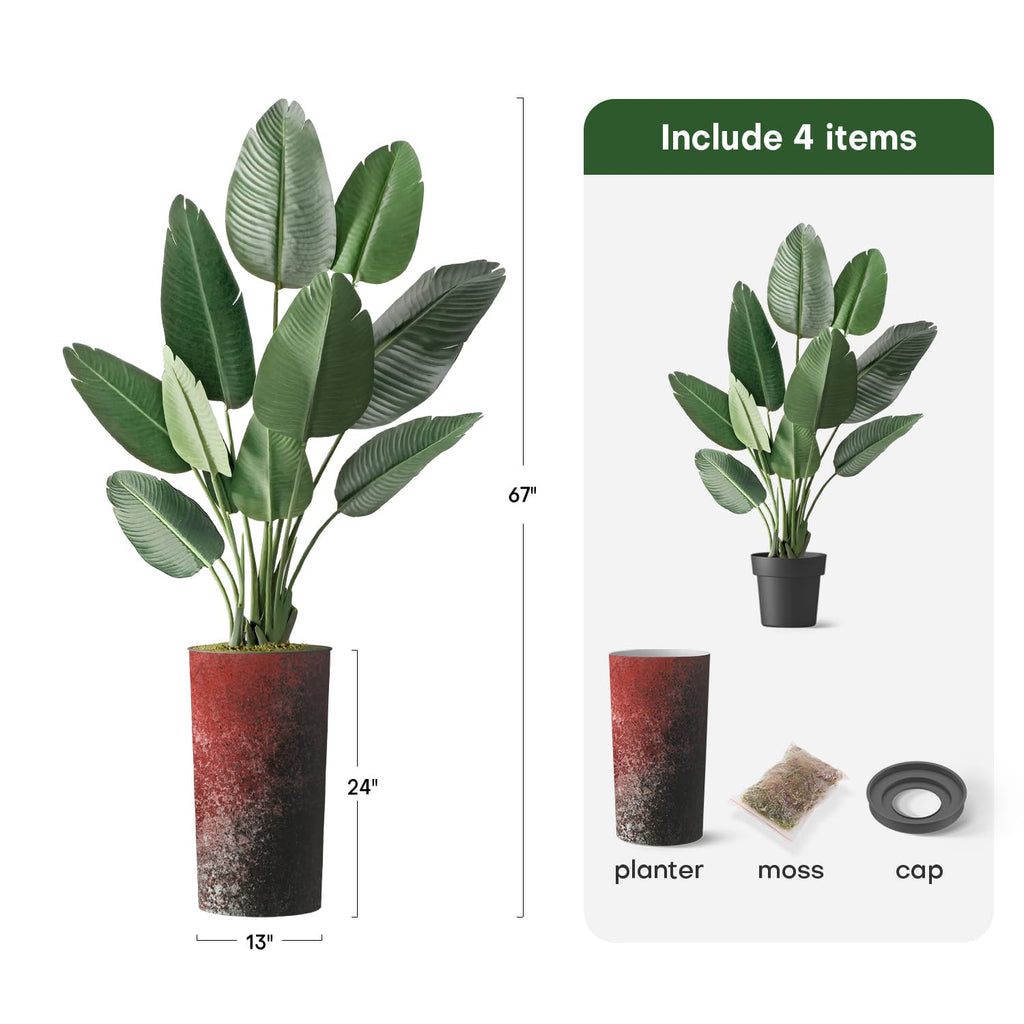 Artificial Tree in Modern Red & Black Paint Splatter Planter, Fake Bird of Paradise Silk Trees for Indoor and Outdoor