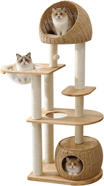 Wood Cat Tree for Indoor Cats, 59in Tall Cat Tower