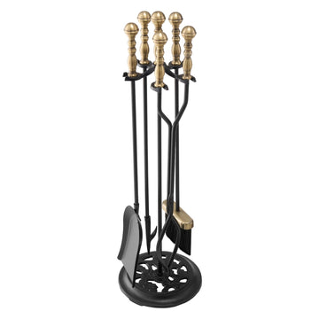Fireplace Tool Set, 5 PCS Fire Tool Set and Holder with Five-Prong Stand, Tongs, Ash Shovel, Brush, Fire Place Poker