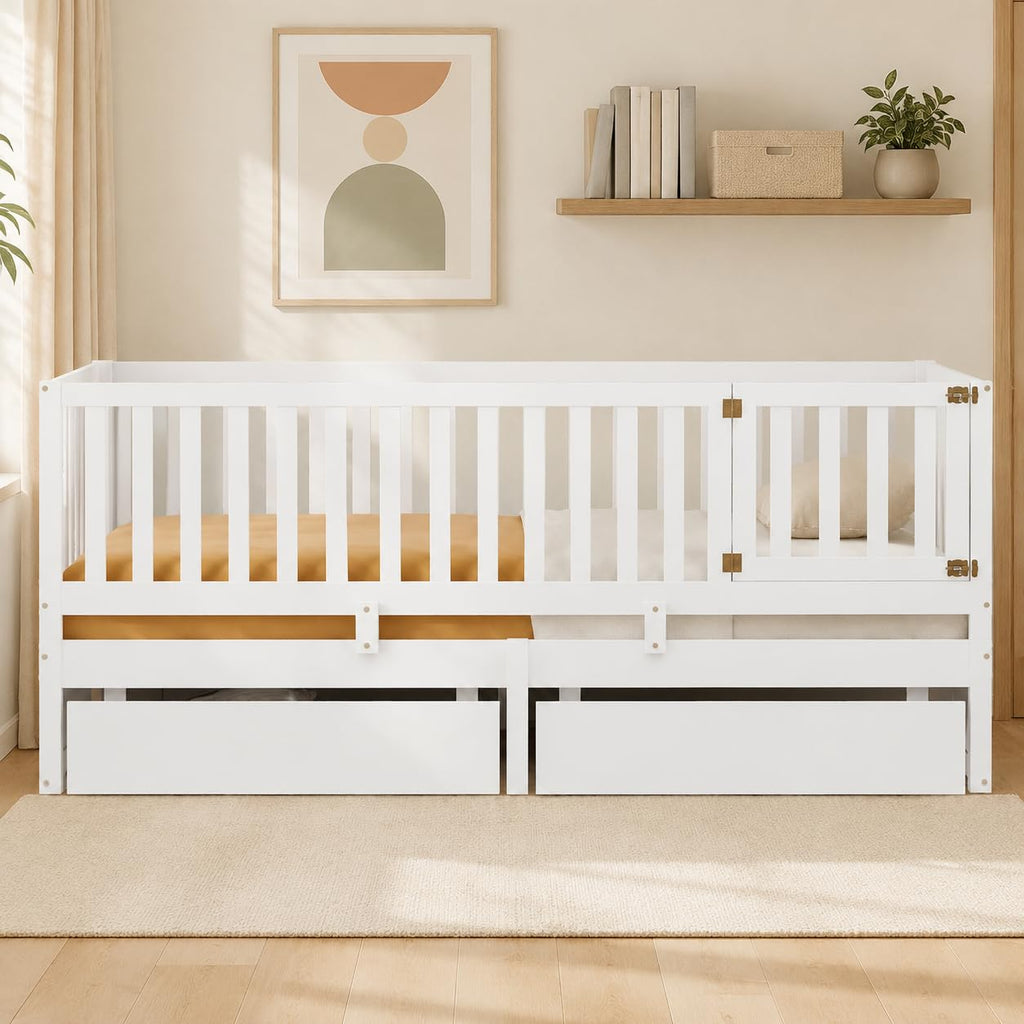 Solid Wood Twin Size Daybed with Storage Drawers and Safety Guardrail, White