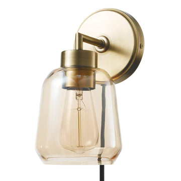 Matte Brass Plug-in or Hardwire Wall Sconce with Smoked Amber Glass Shade and in-Line On/Off Switch
