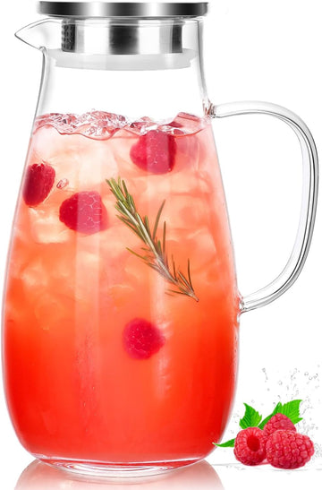 Glass Pitcher with Lid, Water Pitcher for Fridge, 64oz Drink Jug with handle, Borosilicate Glass for Iced Tea, Juice