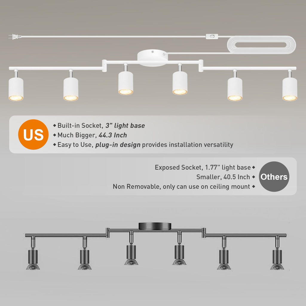 Plug in Track Lighting LED, Track Lighting Fixtures Ceiling, White 6-Light Kitchen Light Kit, Plug in Wall Light