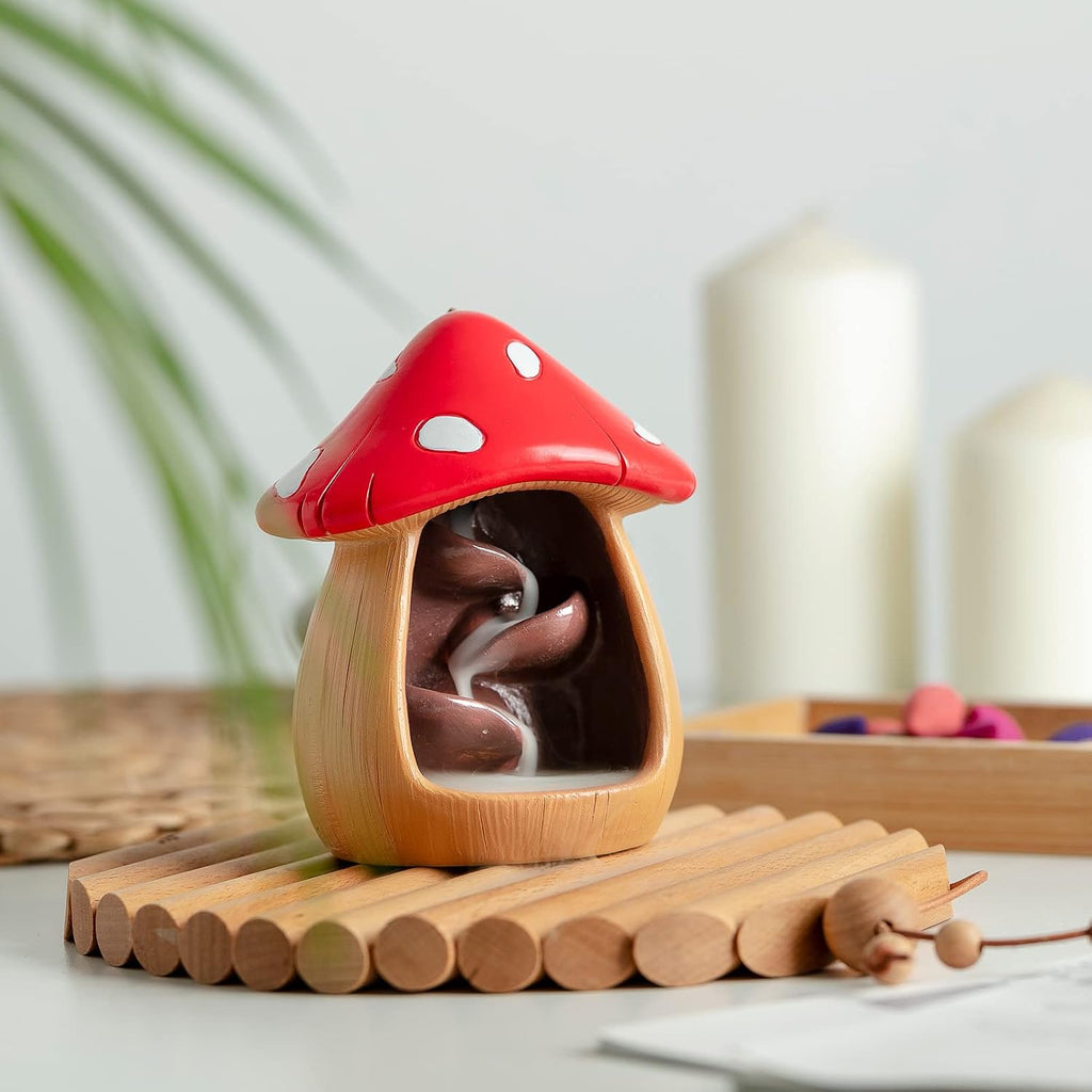 Cute Mushroom Incense Holder with 60 Incense Cones, Handmade Waterfall Backflow Incense Burner, Nature Theme Incense - Set of 60