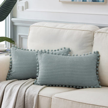 Pack of 2 Farmhouse Lumbar Decorative Throw Pillow Covers with Pom-poms, Soft Corduroy Solid Rectangle Cushion Cases