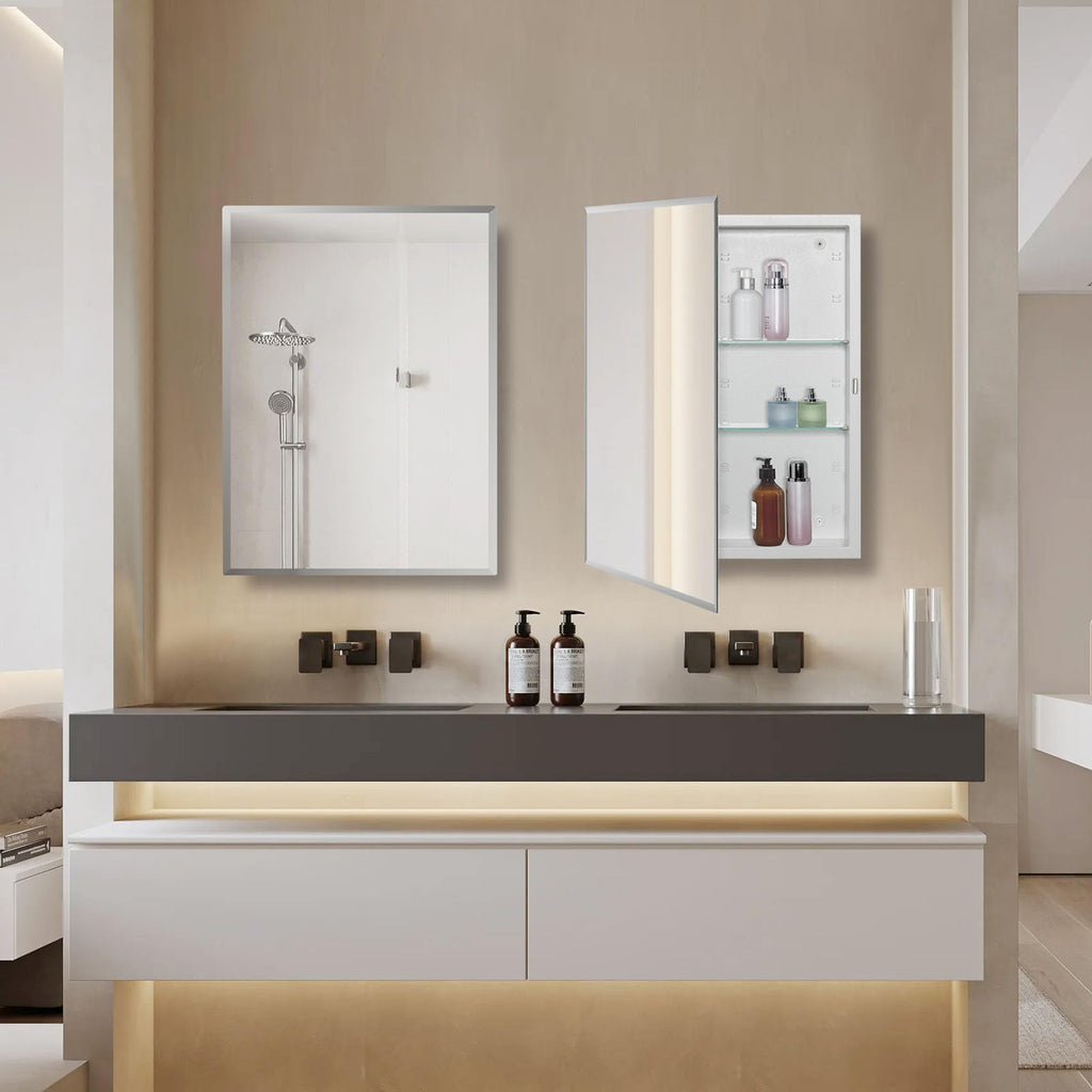 Bathroom Medicine Cabinet with Beveled Edge Mirrored Door 24 x 30 inch, Recessed or Surface Mount, with Adjustable