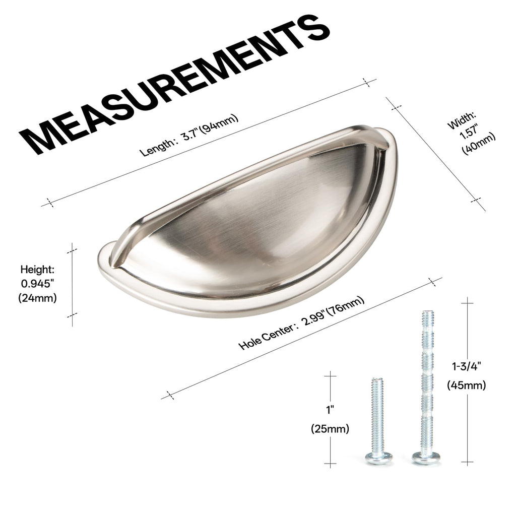 Hardware 10 Pack Brushed Nickel 3 Inch Cup Pulls Cabinet Handles